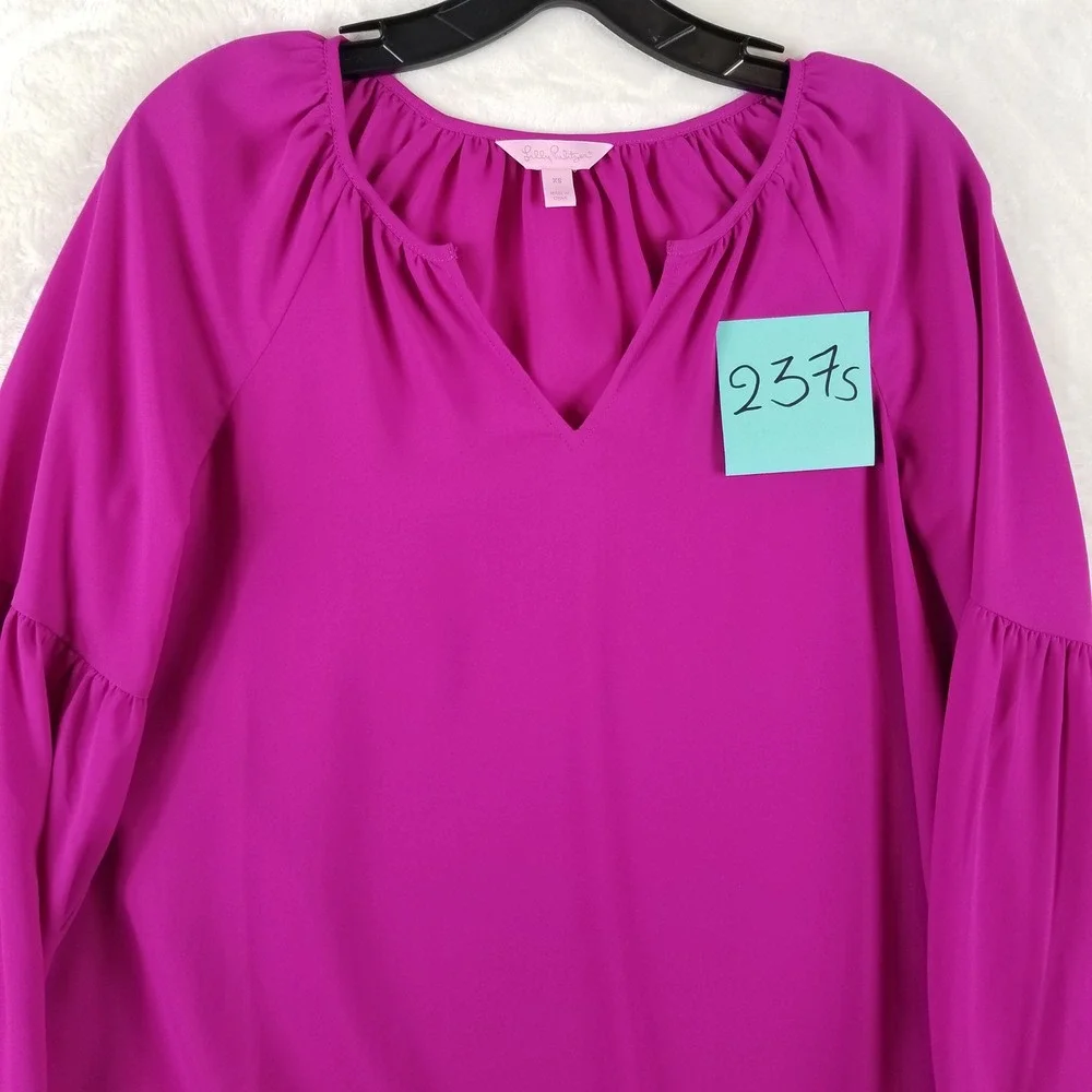 Lilly Pulitzer Magenta Pink Split Neck Puff Sleeve Blouse Womens XS 100%‎ Poly